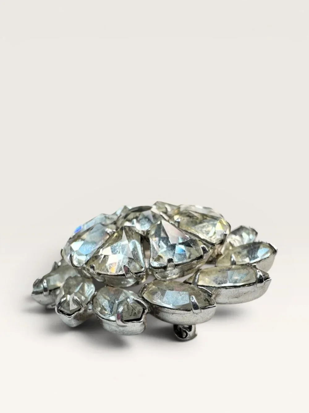 Weiss Mid Century Crystal Rhinestone Brooch Silver Tone Multi Cut Floral Vintage